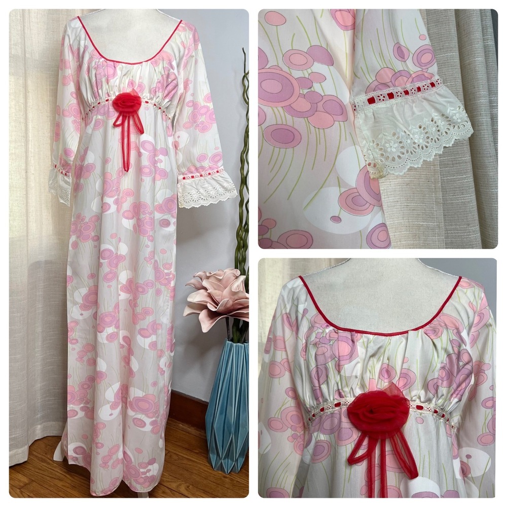 50s 60s Vintage Floral Pink Maxi Dress Nightgown‎ Red Rosette Lace Women's Small